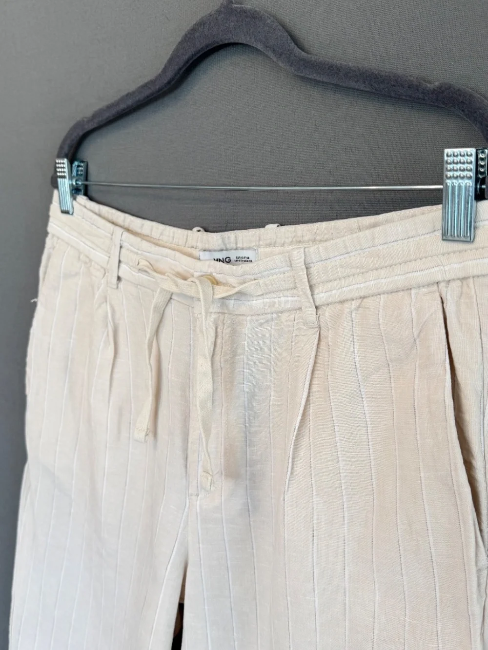 MANGO MNG Women’s Size 10 Cream Pinstripe Tie Waist 100% Linen Ankle Pants